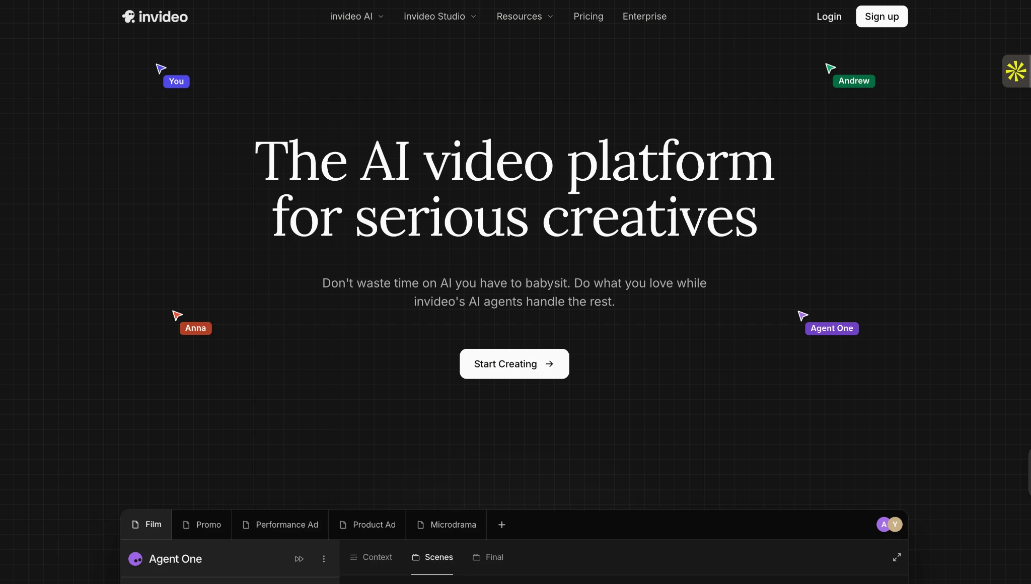 Invideo AI video creation platform showing text-to-video generation from simple prompts