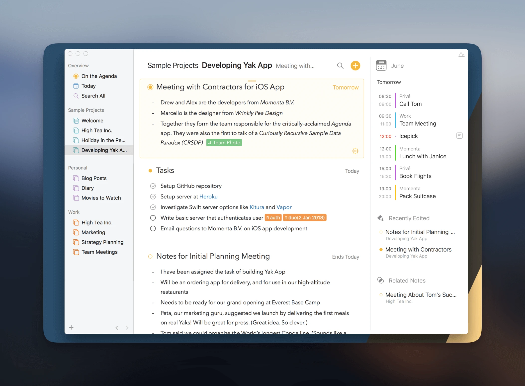 Agenda notes linked to calendar events