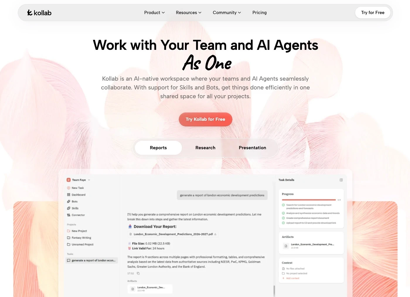 Kollab AI workspace with task-centric organization