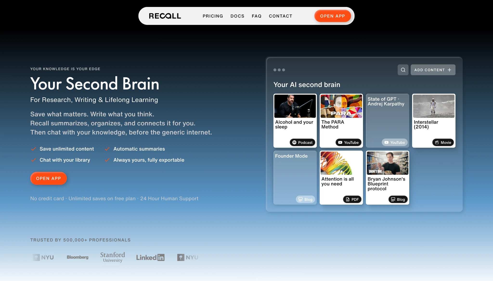 Recall AI knowledge library with automatic summaries