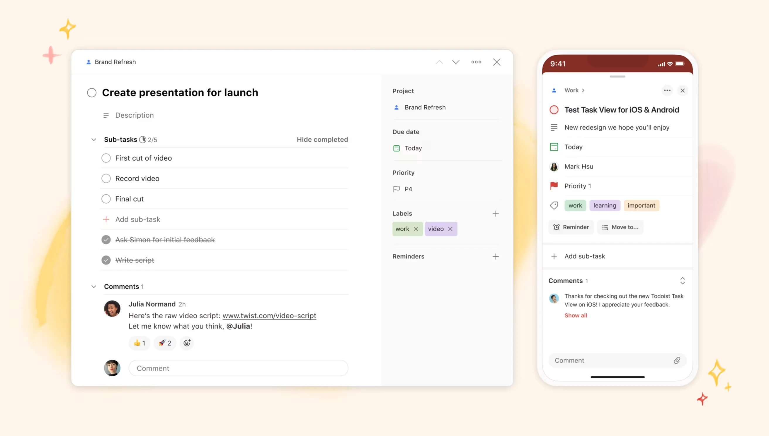 Todoist task management view with project layering