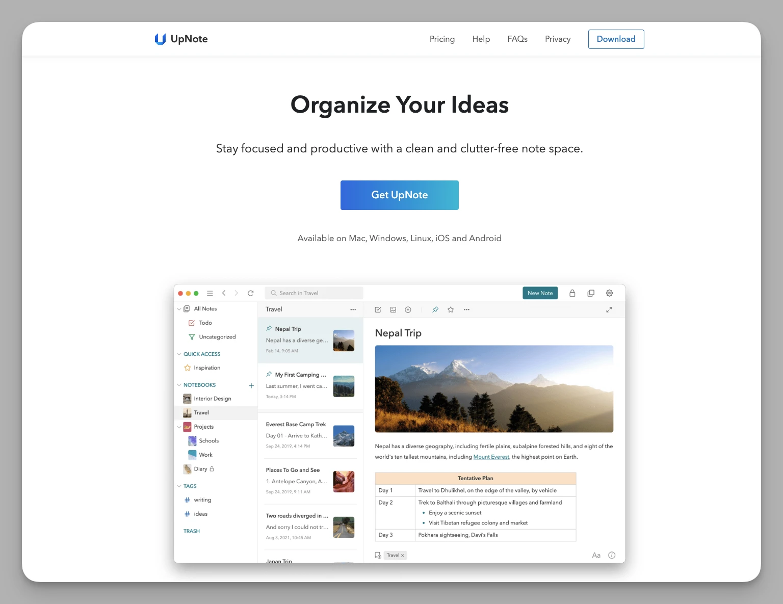 UpNote cross-platform Markdown notebook interface