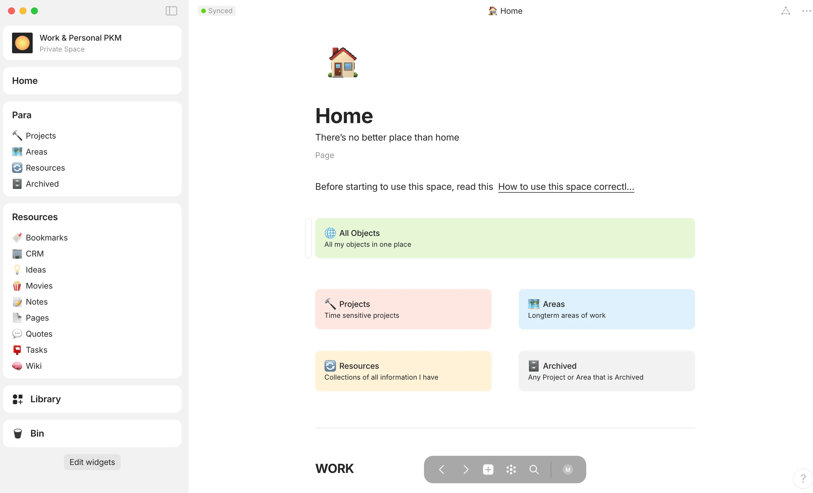 Anytype workspace for personal and work knowledge management