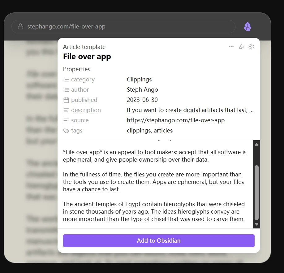 Obsidian workflow for capturing pages and metadata into durable files