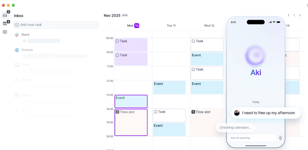 Akiflow time-blocking digital planner interface