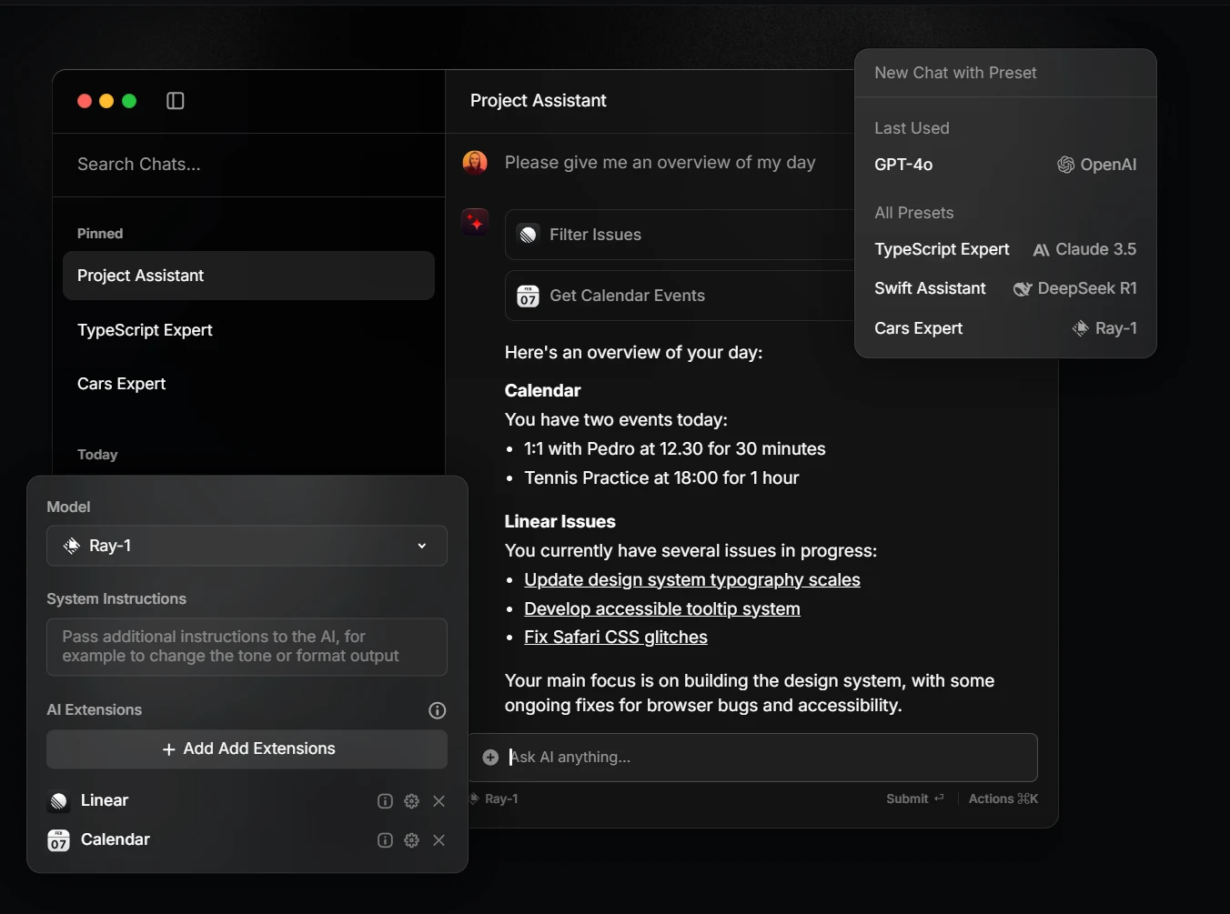 Raycast AI chat inside the command bar