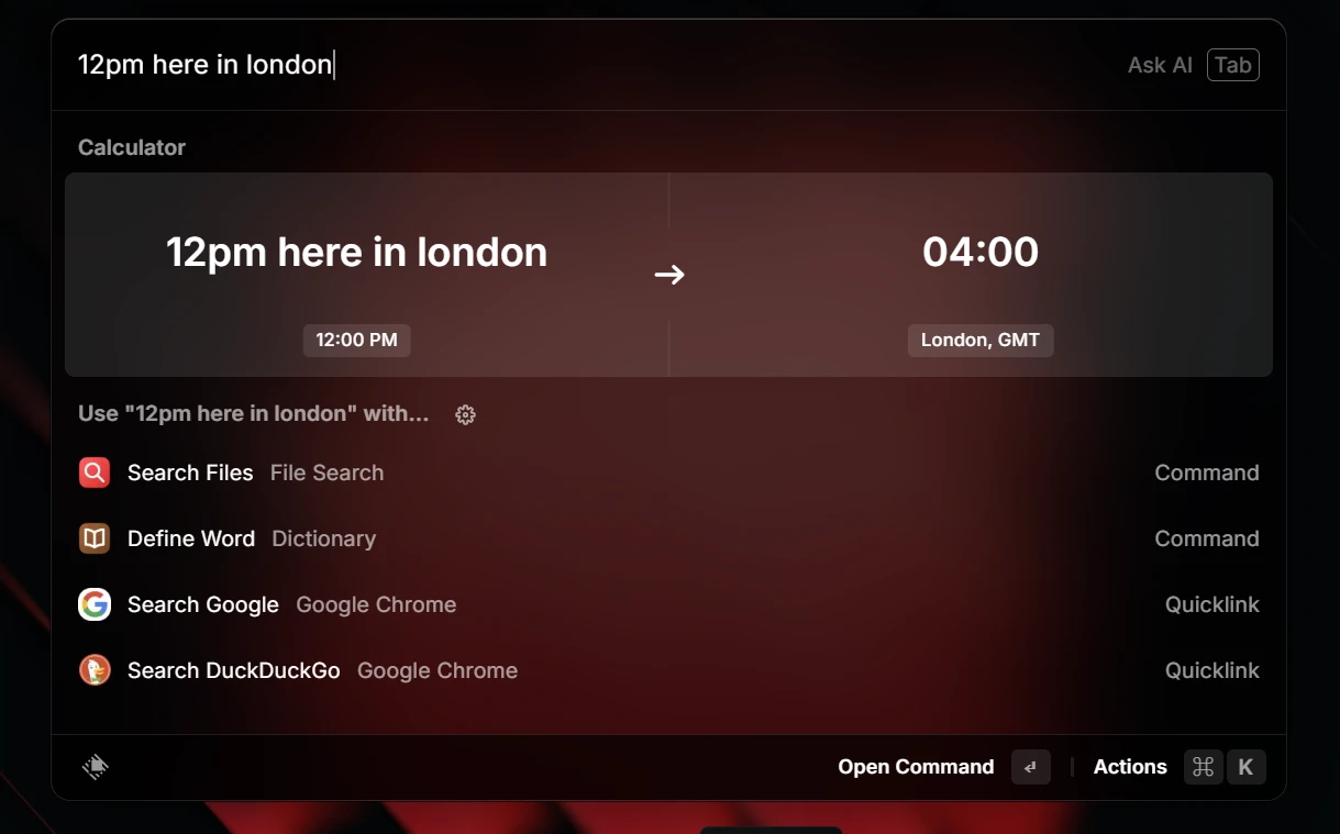 Raycast command launcher replacing multiple desktop utilities