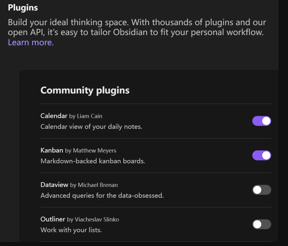 Obsidian plugins page