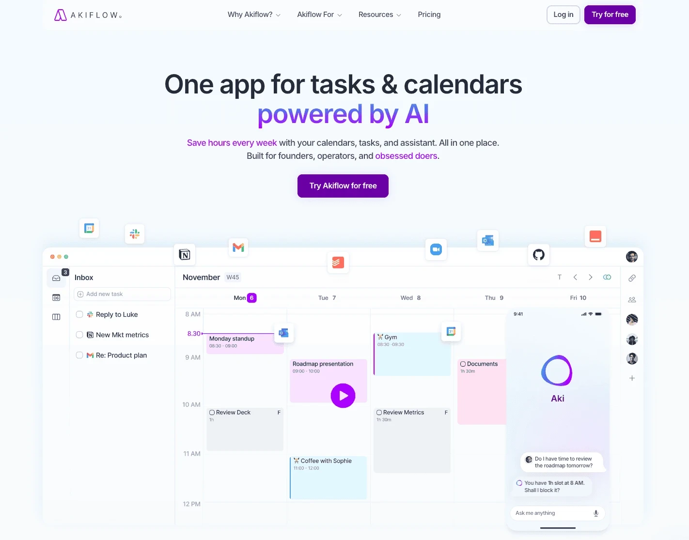 Akiflow combineert taken van verschillende diensten en laat je ze plaatsen als tijdblokken op een kalender