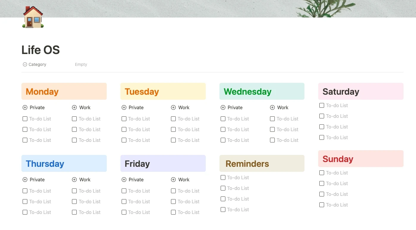 Buildin Life OS template met een wekelijkse to-do lijst gedeeld door dag en in persoonlijke en werktaken