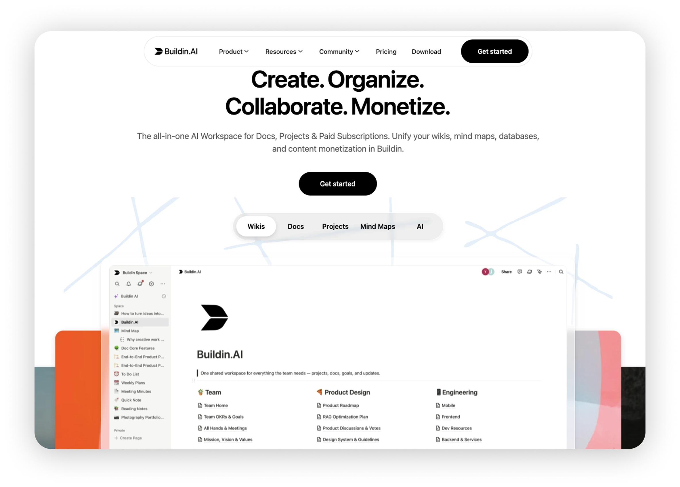 Buildin homepage met een werkruimte voor documenten, projecten, kennisbases en taakbeheer