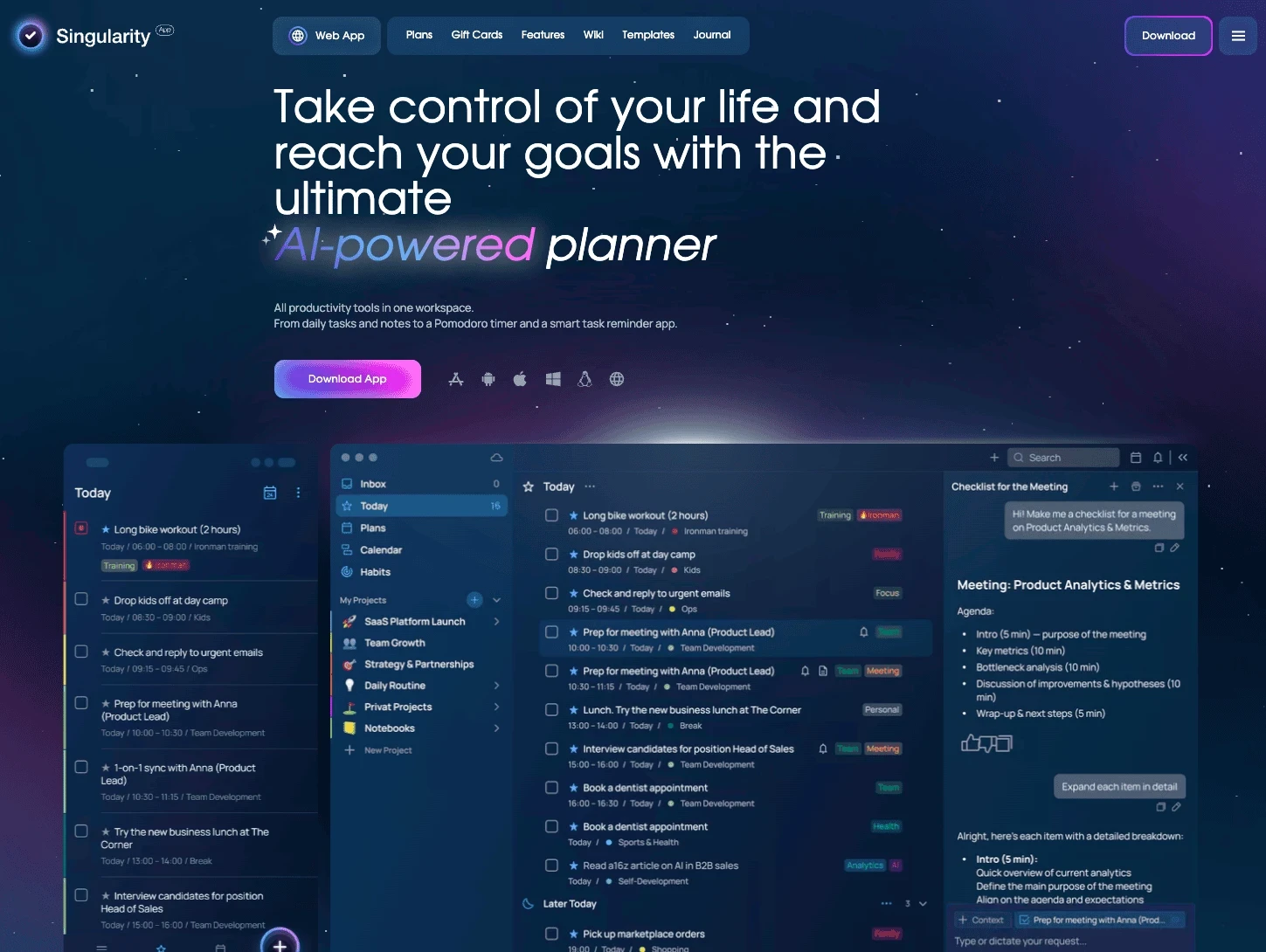 SingularityApp voor projectplanning met een diepe hiërarchie van taken, subtaken en een kalender