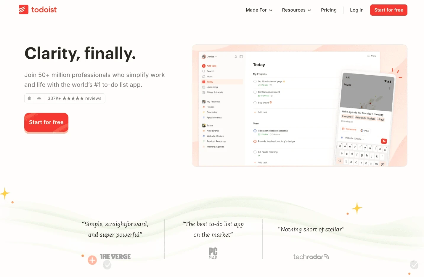 Todoist homepage toont de desktop taaklijst interface en taak creatie op een smartphone