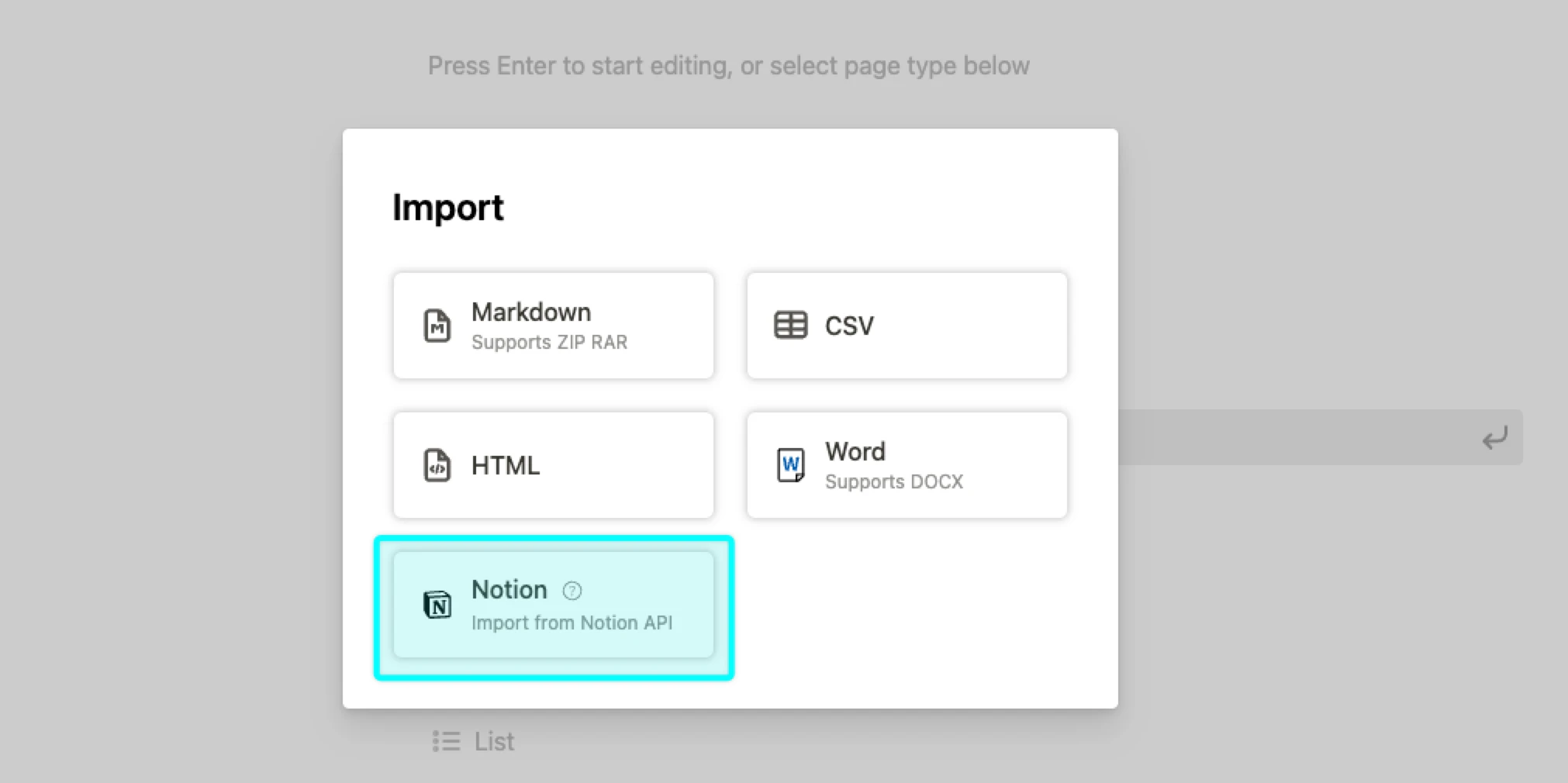 Buildin import options: Markdown, CSV, HTML, Word, and Notion API