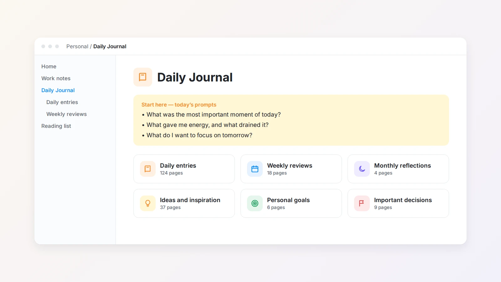 A Buildin journal home page with the daily prompts at the top and links to daily entries, weekly reviews, ideas, goals, and decisions