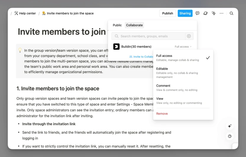 The Buildin help center page explains how to invite members to join the collaboration space and set permissions