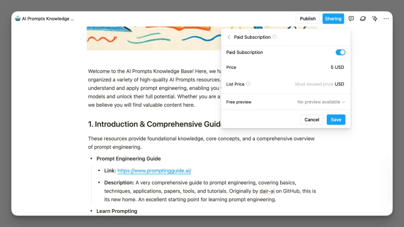 Buildin Knowledge Base Content Creation and Paid Subscription Settings Interface