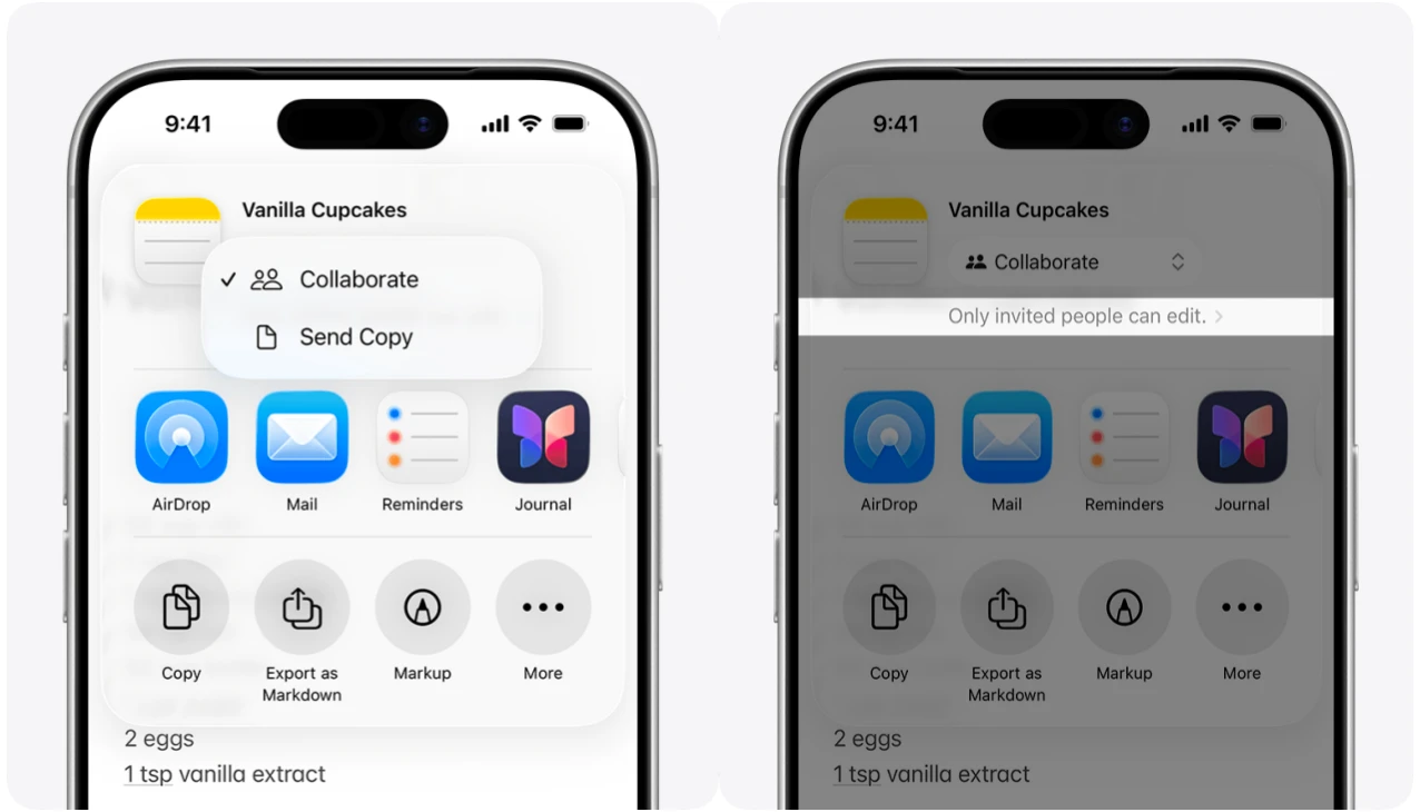 Apple Notes' collaboration and sharing interface