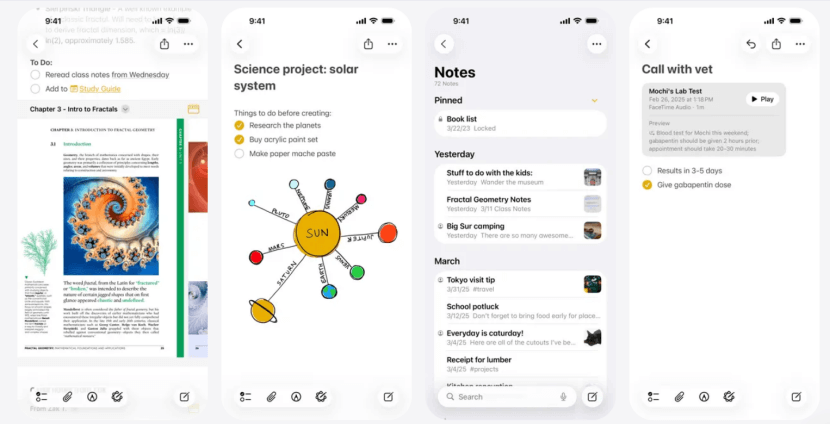 Four iPhone screenshots showcasing different features of Apple Notes
