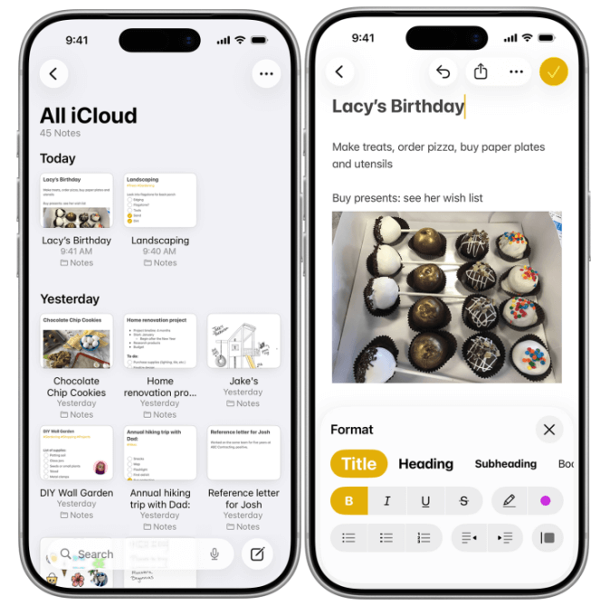 Apple Notes mobile UI with categorized lists, checkable tasks, rich formatting, and image attachments