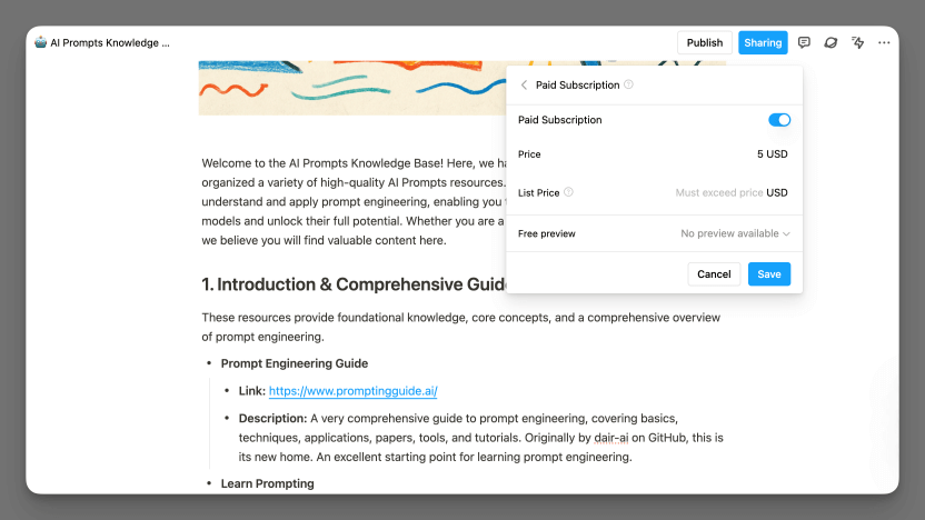 Buildin Knowledge Base Content Creation and Paid Subscription Settings Interface