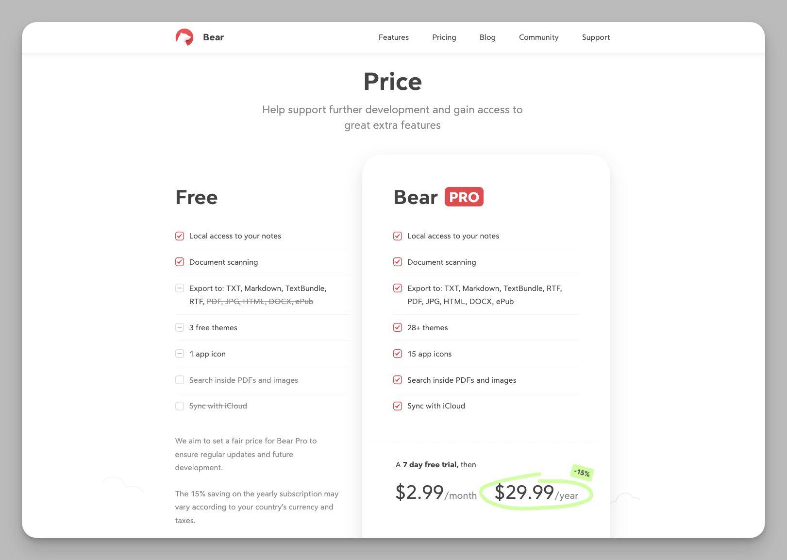 Bear Notes subscription pricing plans.