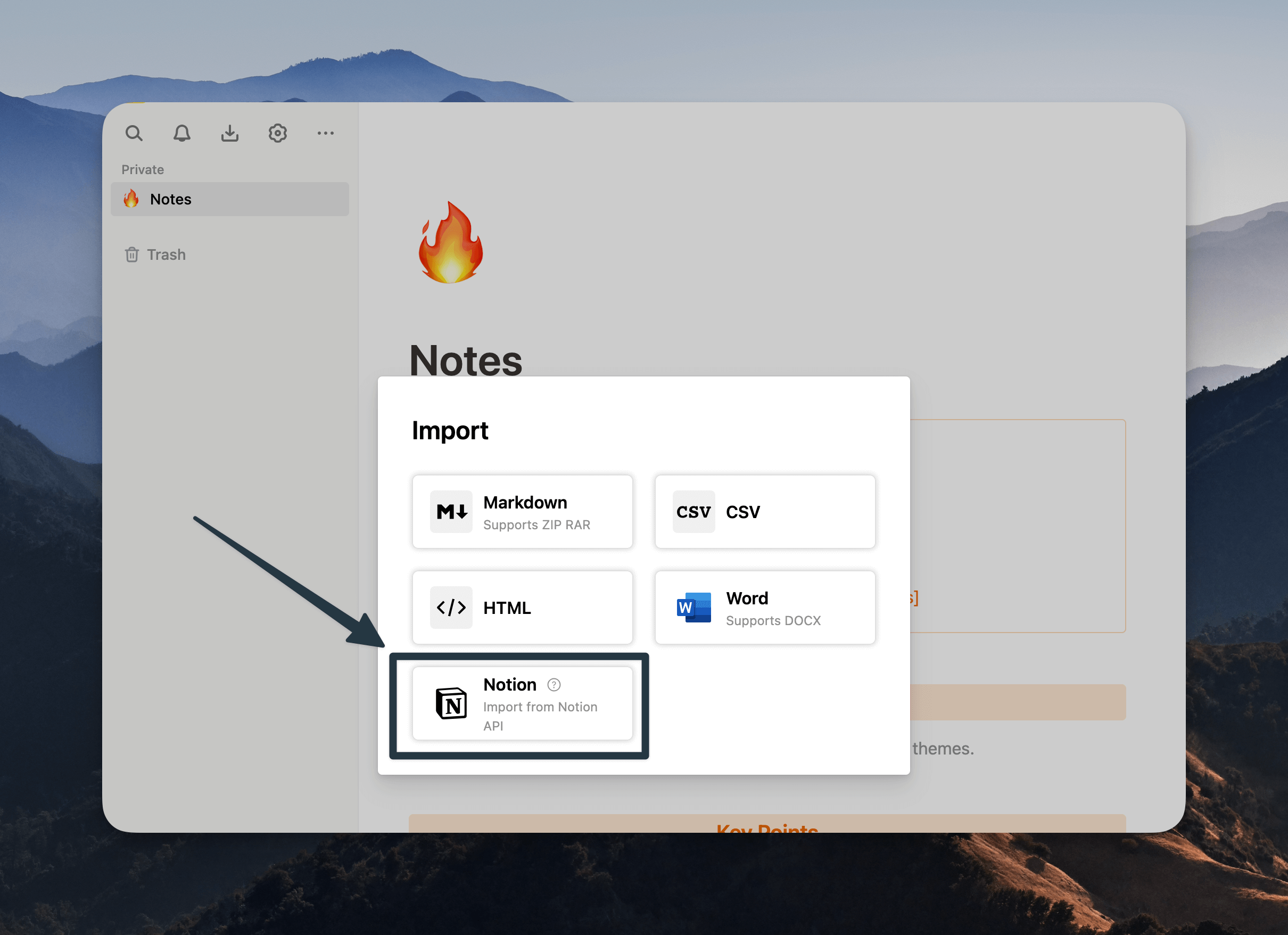 Buildin import options: Markdown, CSV, HTML, Word, and Notion API