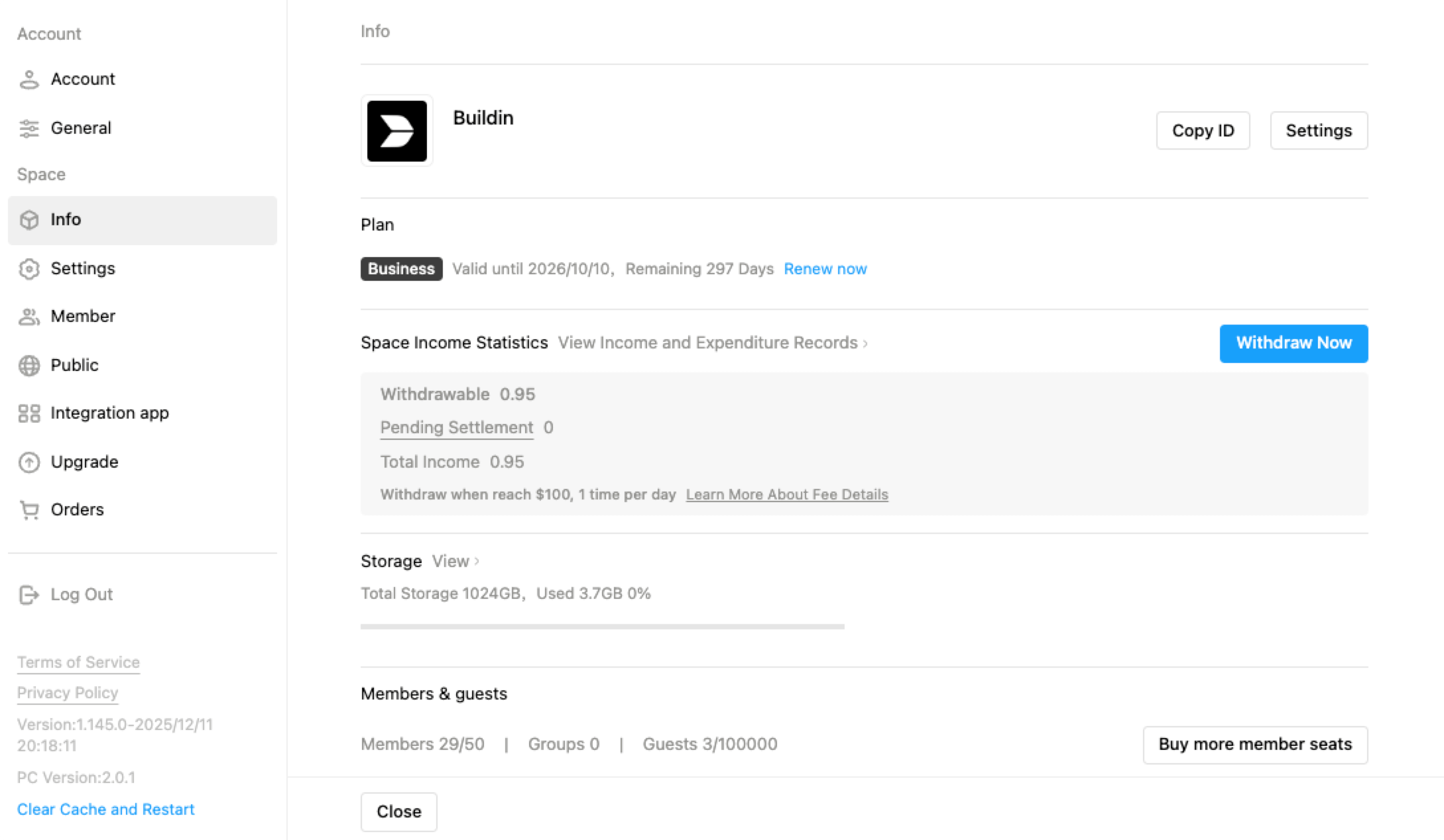 Buildin's workspace admin console for managing subscription plans, payouts, storage, and member permissions