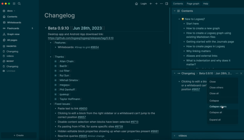 Logseq's block-based note-taking and bi-directional linking interface for building a personal knowledge network