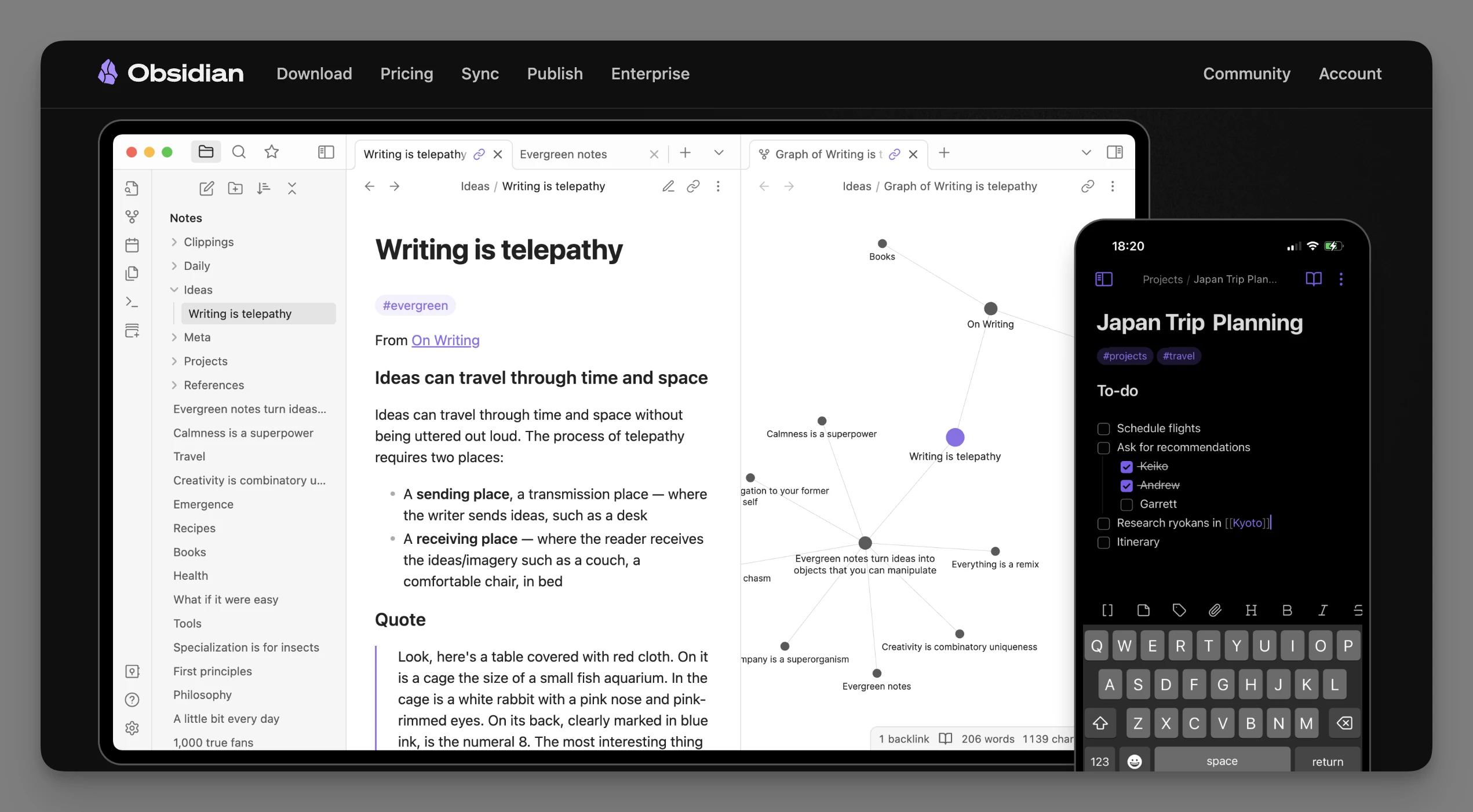 Obsidian personal knowledge management interface.