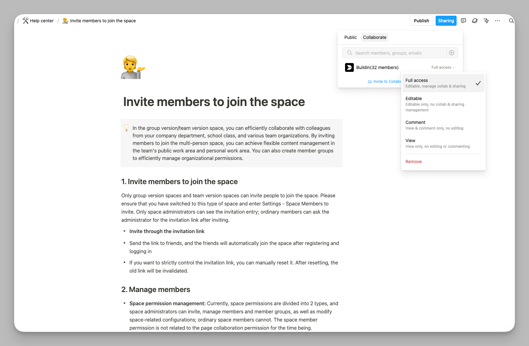 Buildin member invitation and workspace permissions.