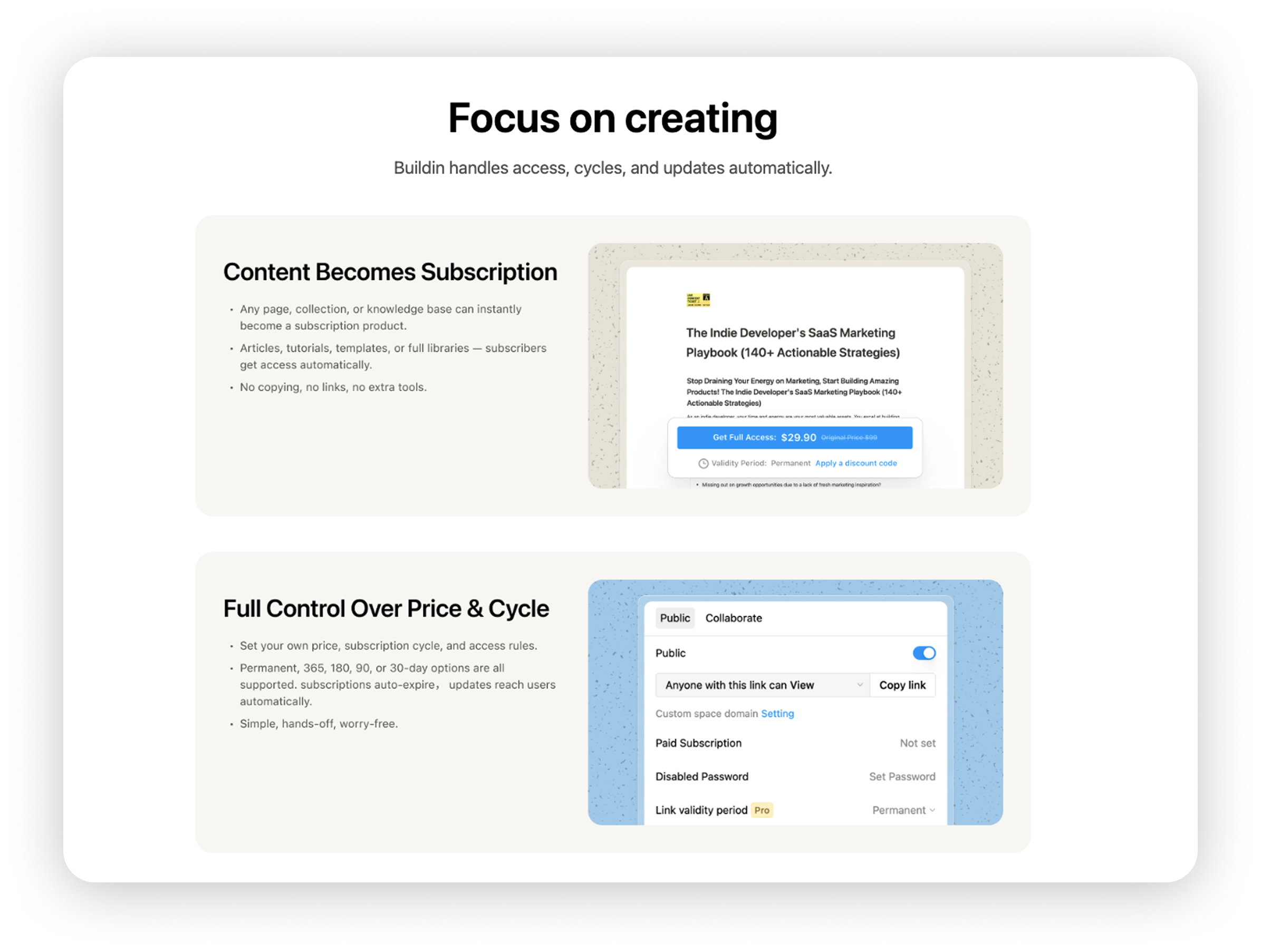 Paid subscriptions Buildin with access settings, price, duration, and automatic content delivery.