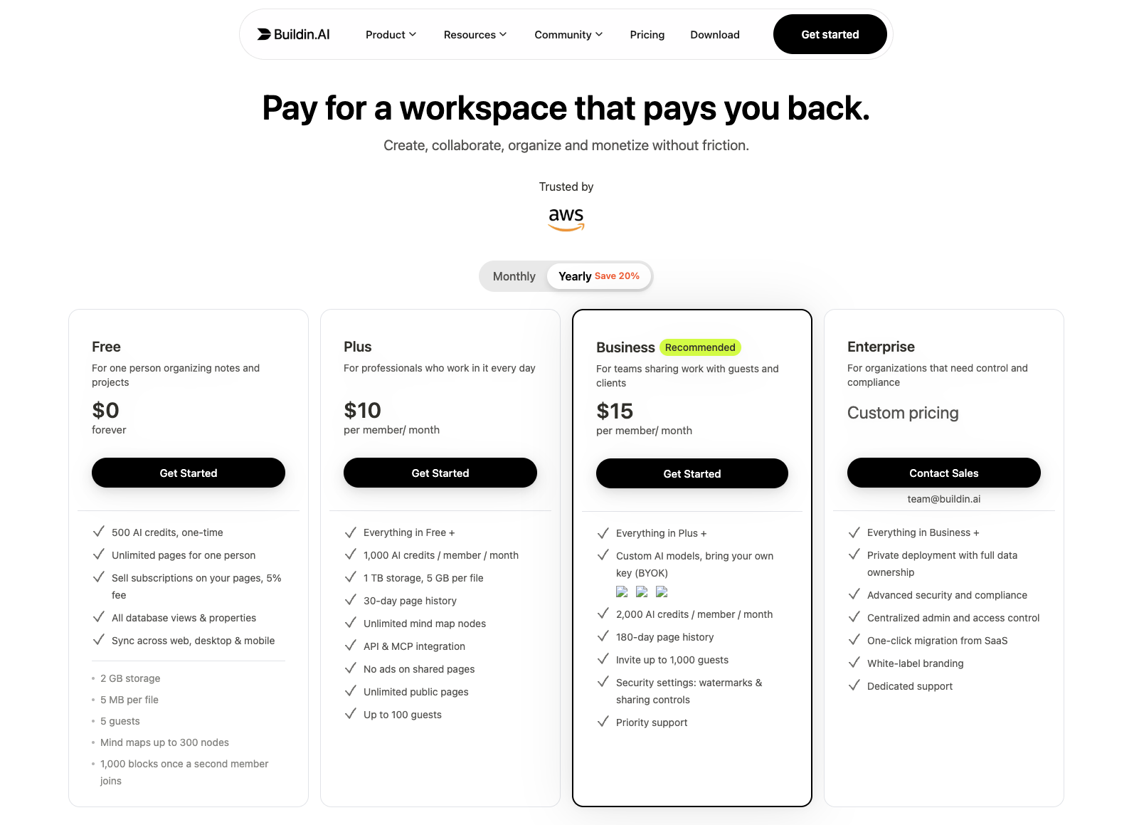Buildin Rates: Free, $10 Plus, $15 Business, and custom priced Enterprise.