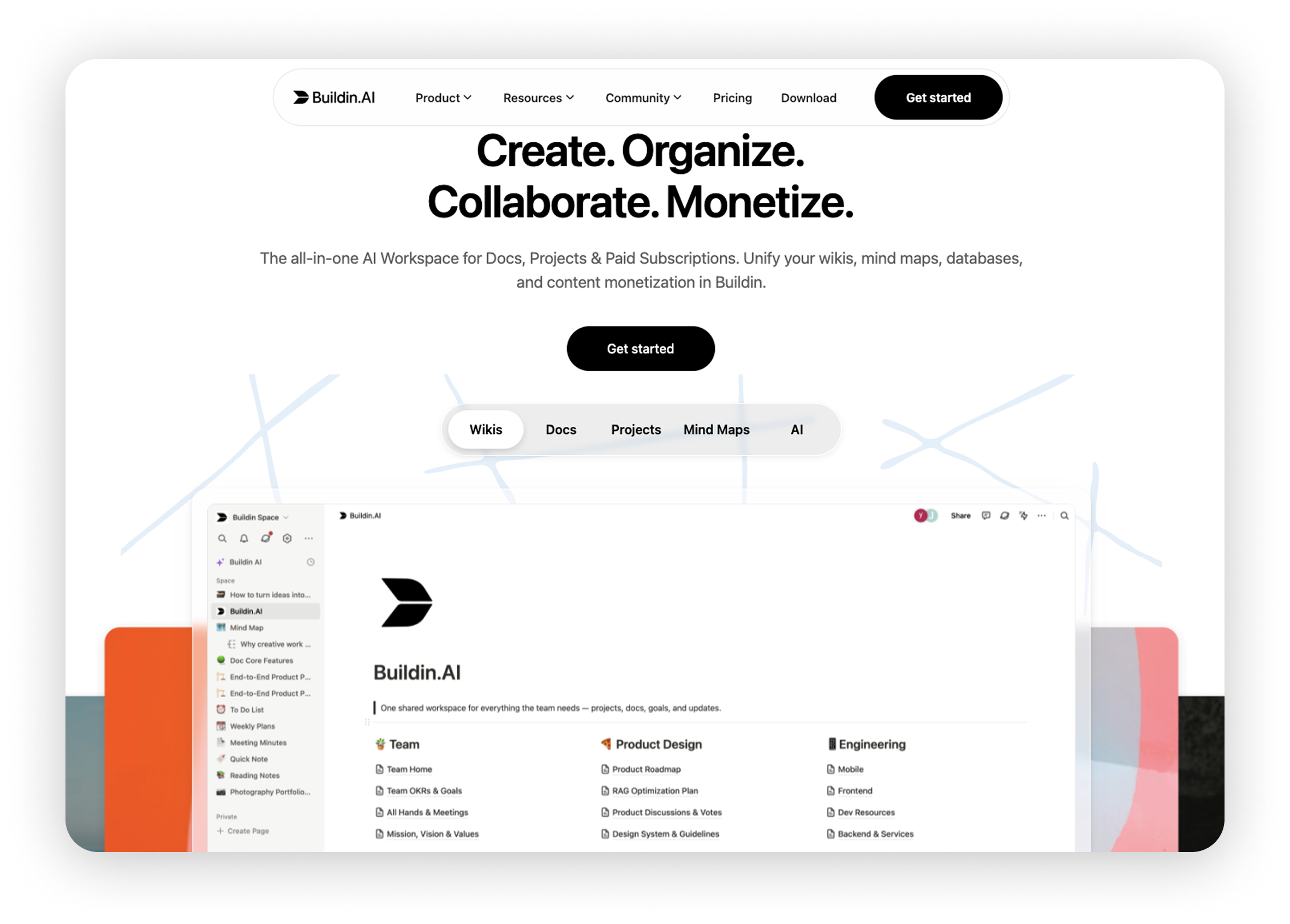 Main page of Buildin with a universal AI workspace for documents, projects, mind maps, and paid subscriptions.