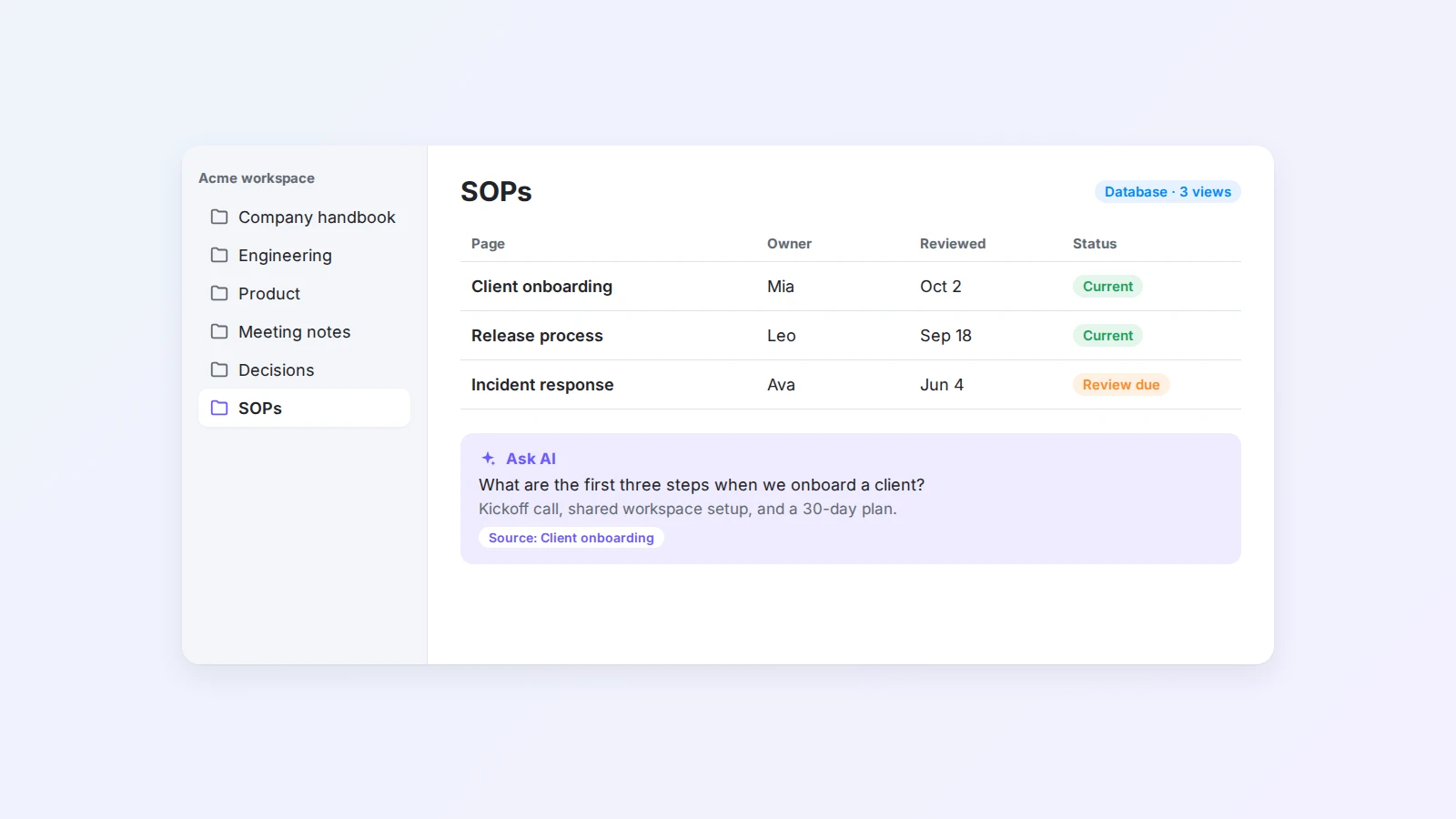 A Buildin team wiki with a sidebar of spaces, a page with an owner and last-reviewed date, and an AI answer that cites source pages