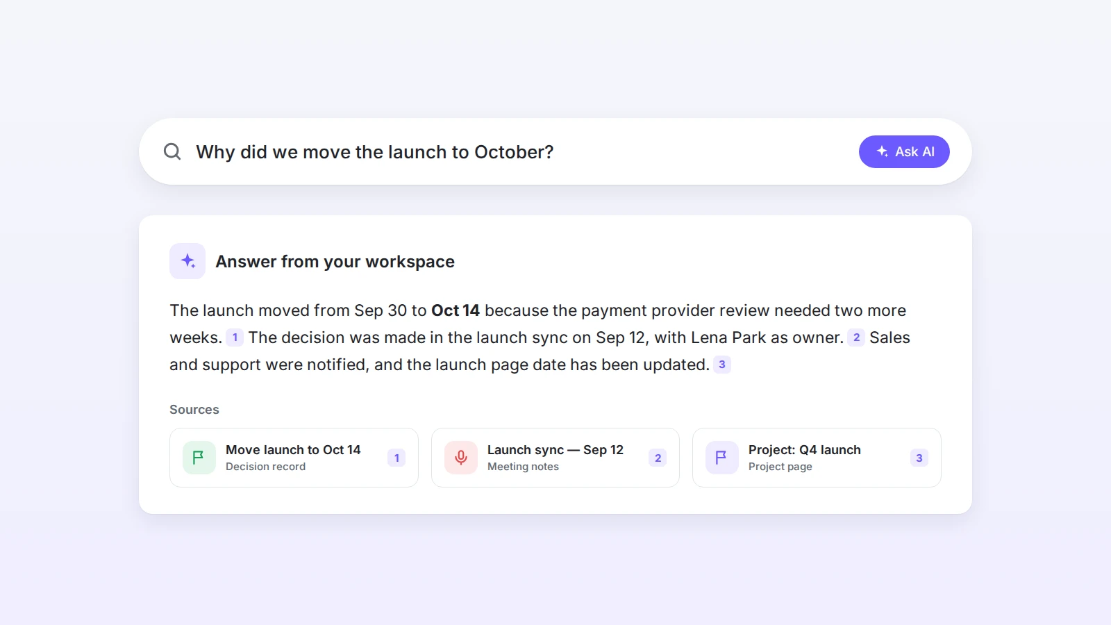 Asking the team knowledge base a question and getting an answer with linked source pages
