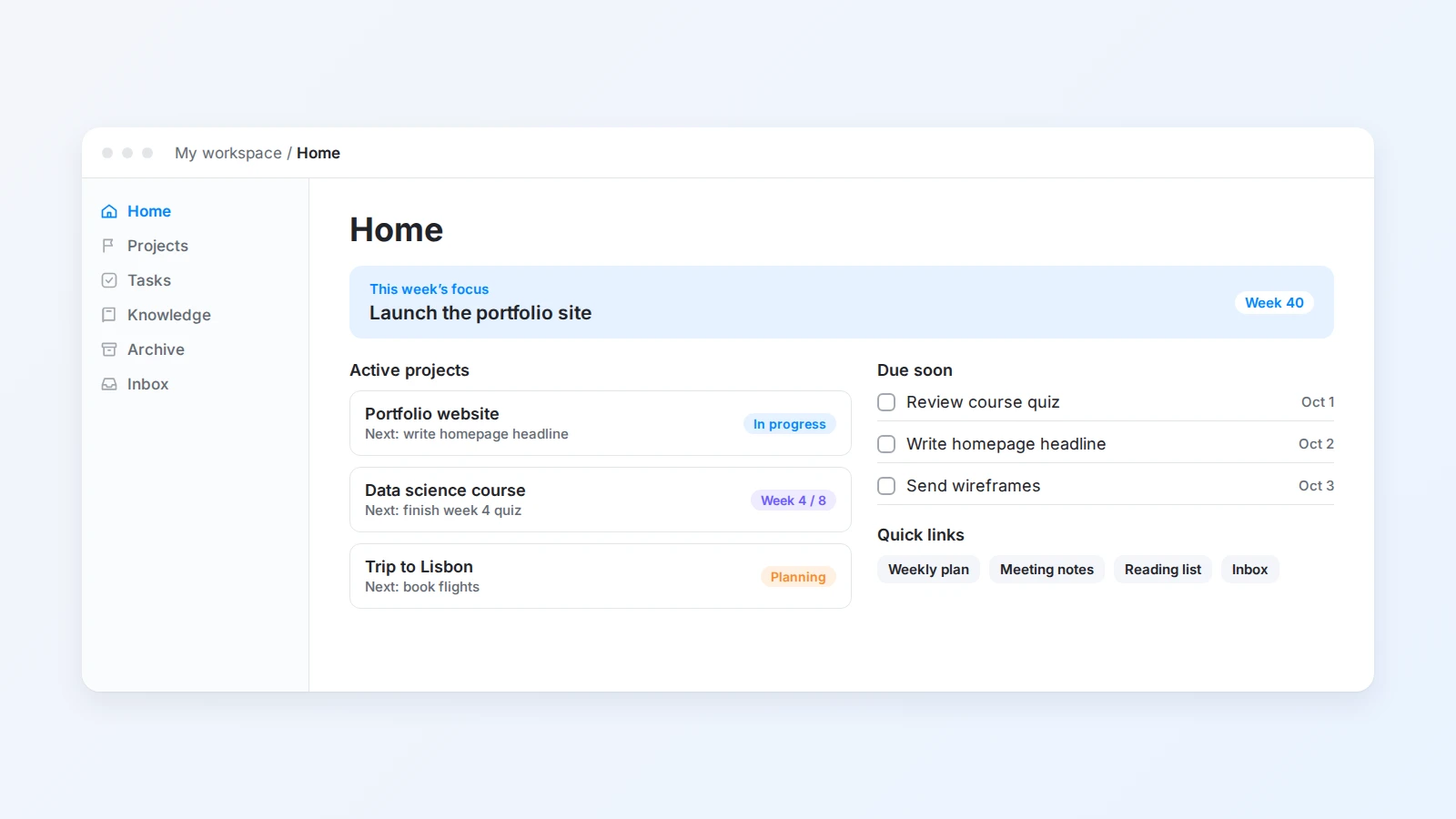 A Buildin home page showing this week’s focus, active projects, tasks due soon, quick links, and an inbox