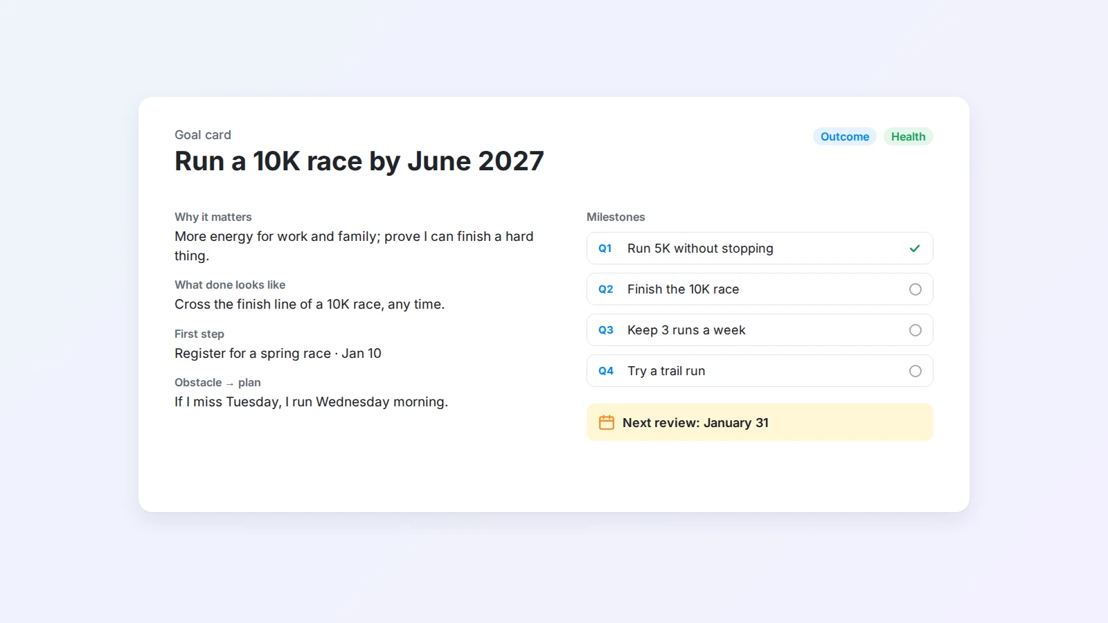 A 2027 goal card with the goal, why it matters, what done looks like, quarterly milestones, the first step, and the next review date