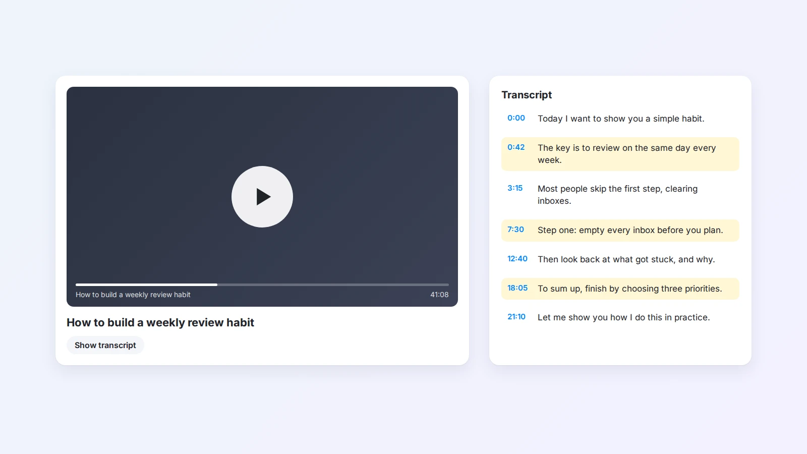 Eine Videoseite mit geöffnetem Transkript neben dem Player, mit Zeitstempeln und hervorgehobenen Kernsätzen