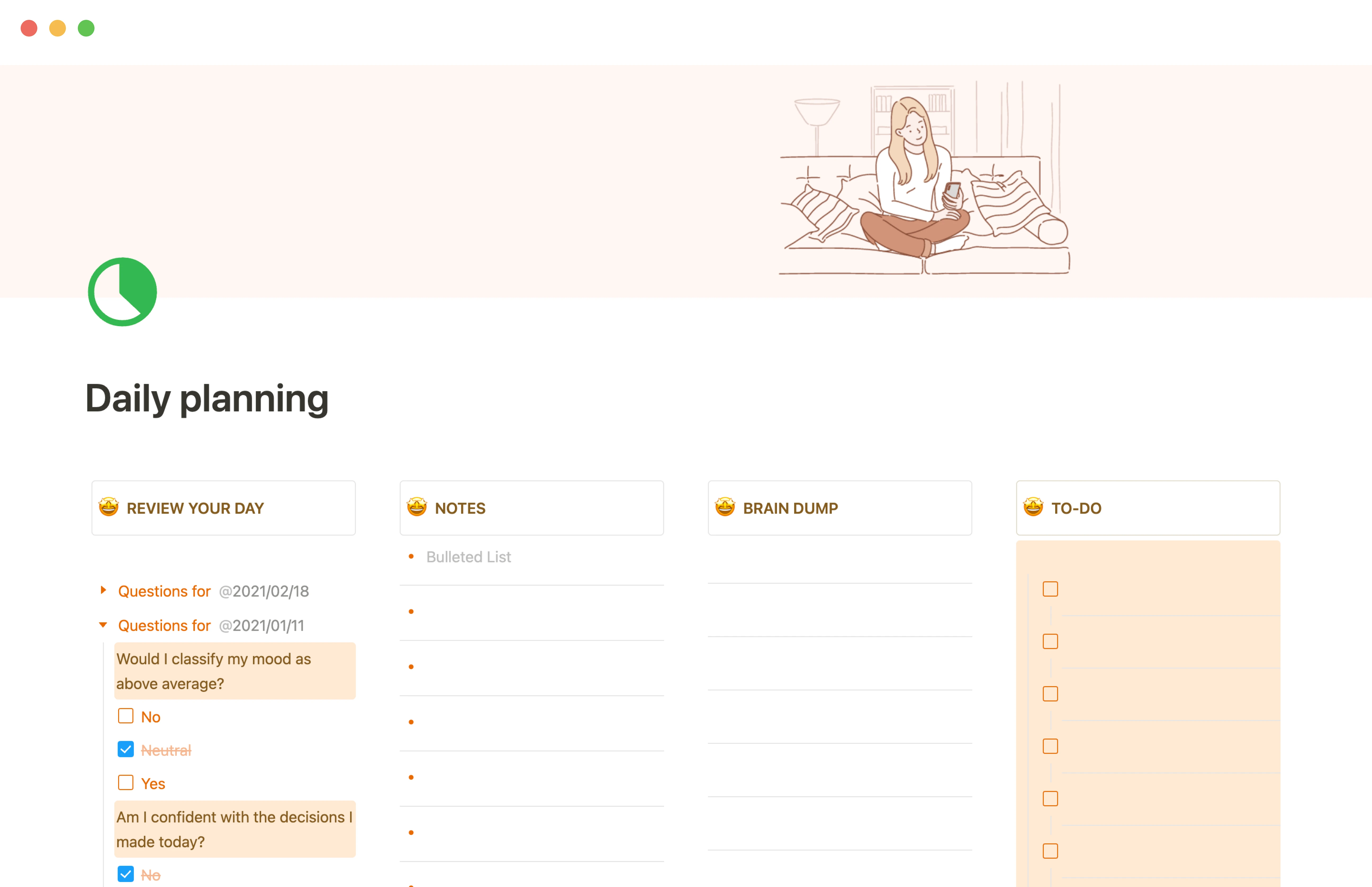 Vorlage Daily Planning in Buildin mit Tagesüberblick, Notizen und Aufgabenliste