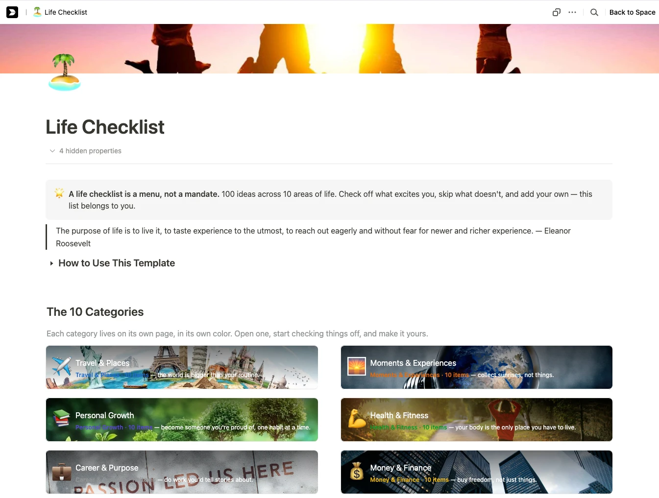 Vorlage Life Checklist in Buildin mit Zielen für die wichtigsten Lebensbereiche