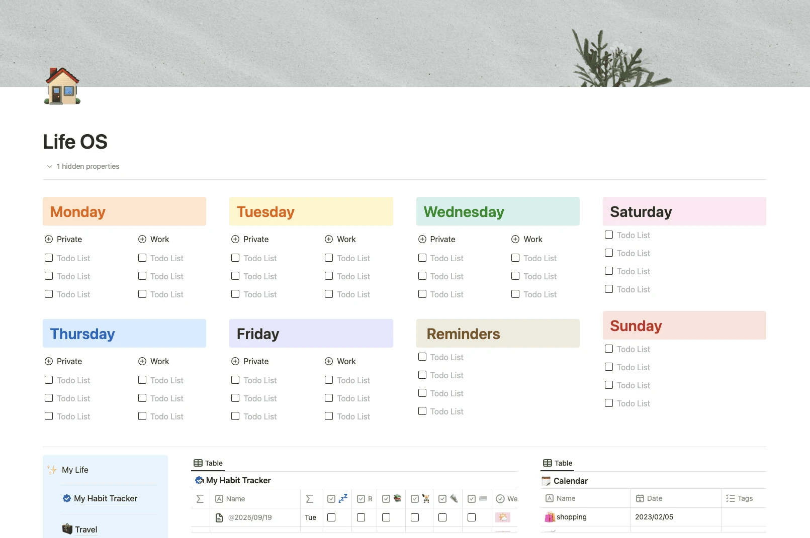 Vorlage Life OS in Buildin mit Wochenaufgaben, Gewohnheiten, Kalender und Erinnerungen