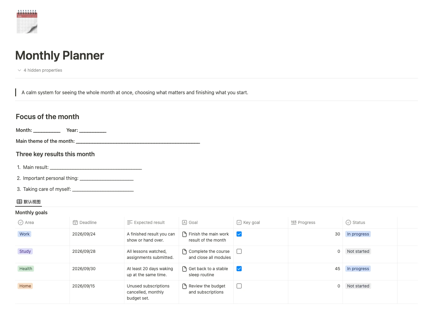 Vorlage Monthly Planner in Buildin mit Zielen, Fristen und Fortschrittsverfolgung