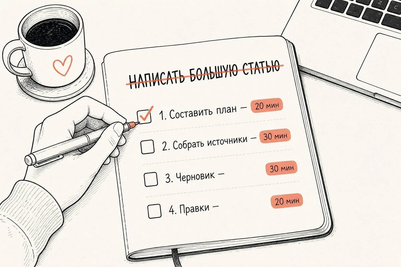 Un artículo grande dividido en un cuaderno en cuatro pasos específicos de 20 a 30 minutos