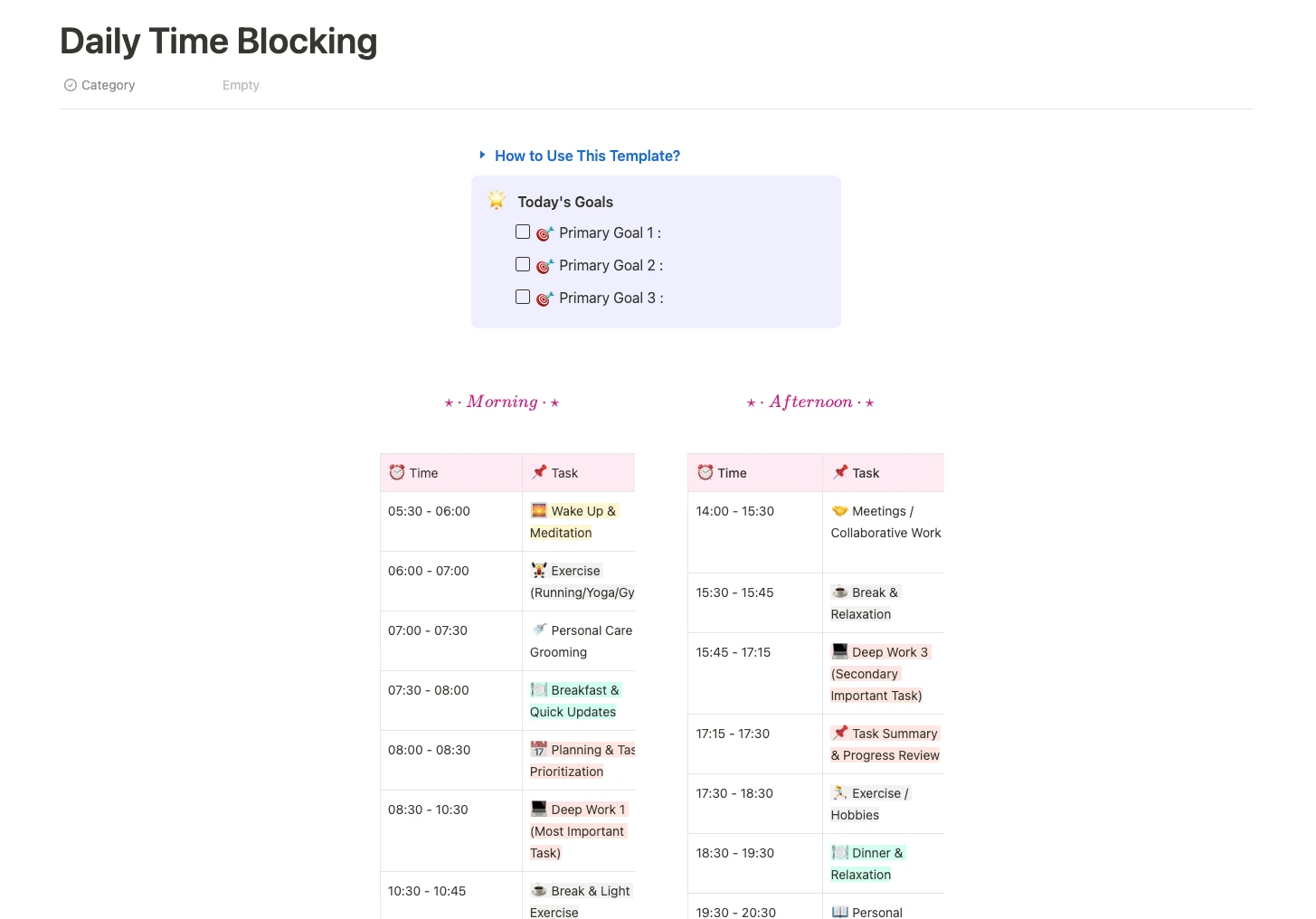 La plantilla Buildin Daily Time Blocking con objetivos diarios y un horario de tareas de mañana y tarde