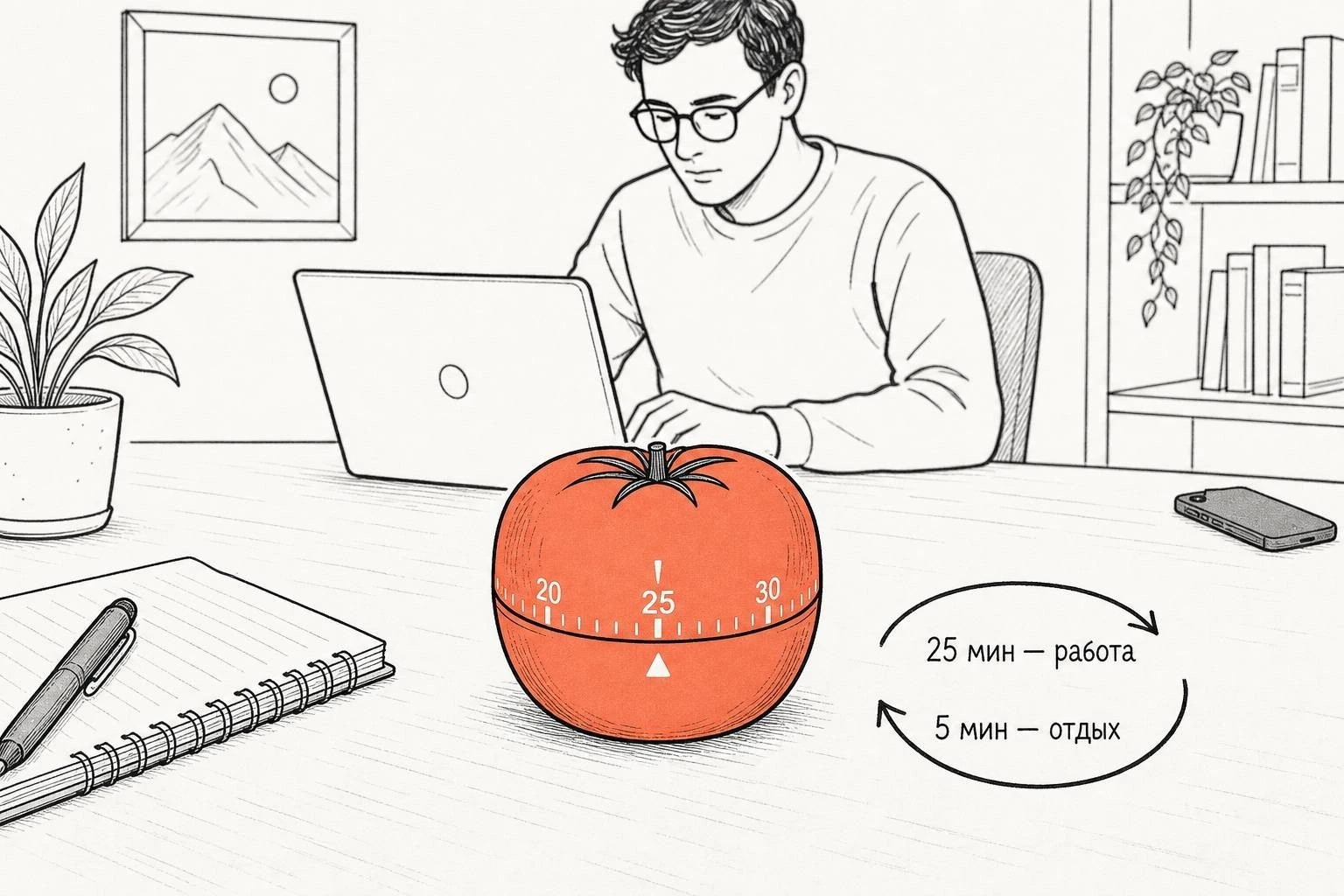 Trabajando en una laptop con la técnica Pomodoro: 25 minutos de enfoque seguido de cinco minutos de descanso