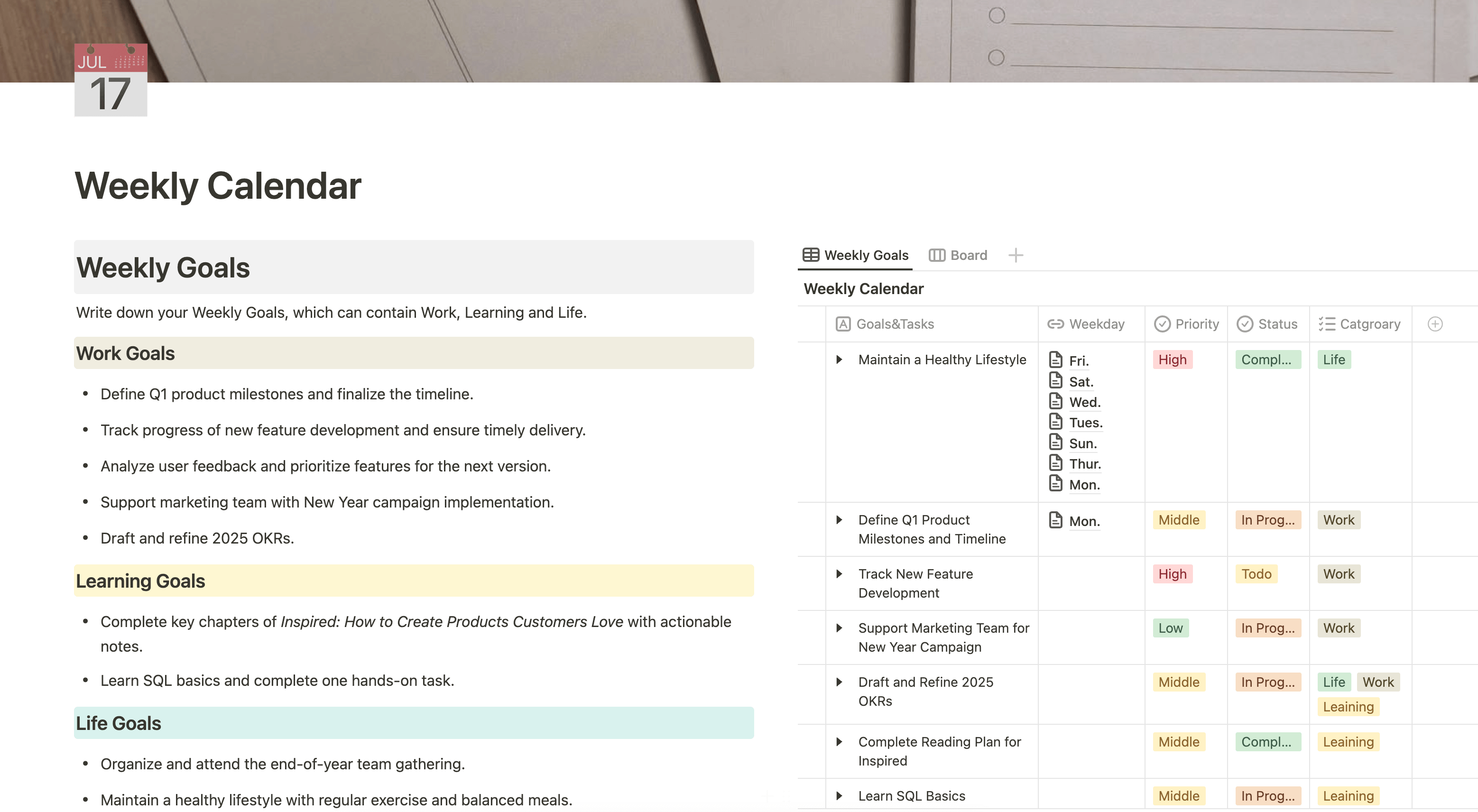デジタル製品販売用のNotion/Buildin週間カレンダーテンプレート