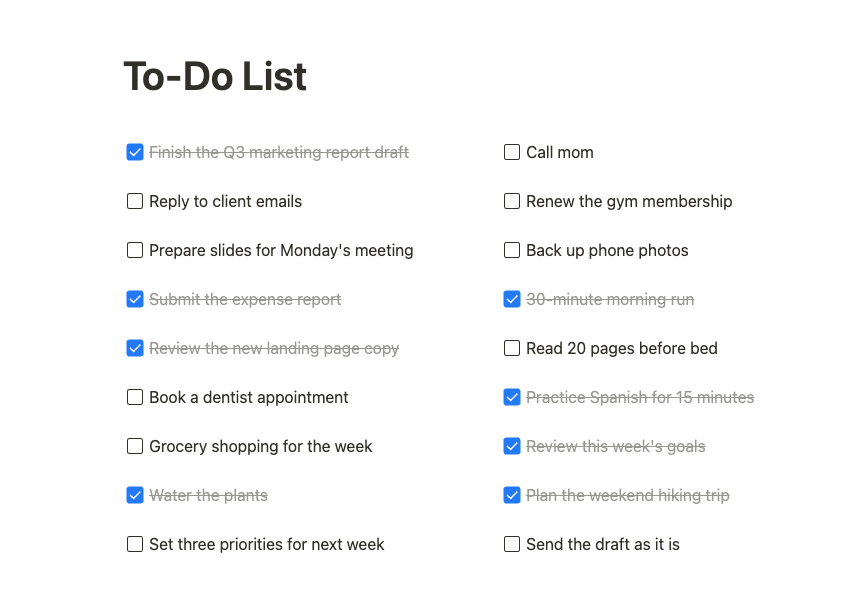 A Buildin to-do list page with completed and open tasks