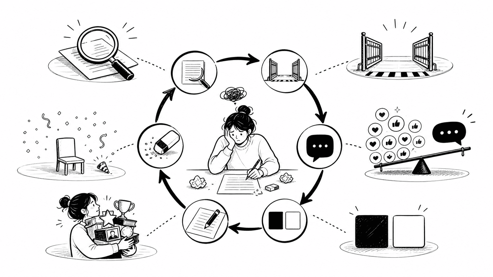 Seven signs of perfectionism form a loop of checking, doubt, delay, and dissatisfaction