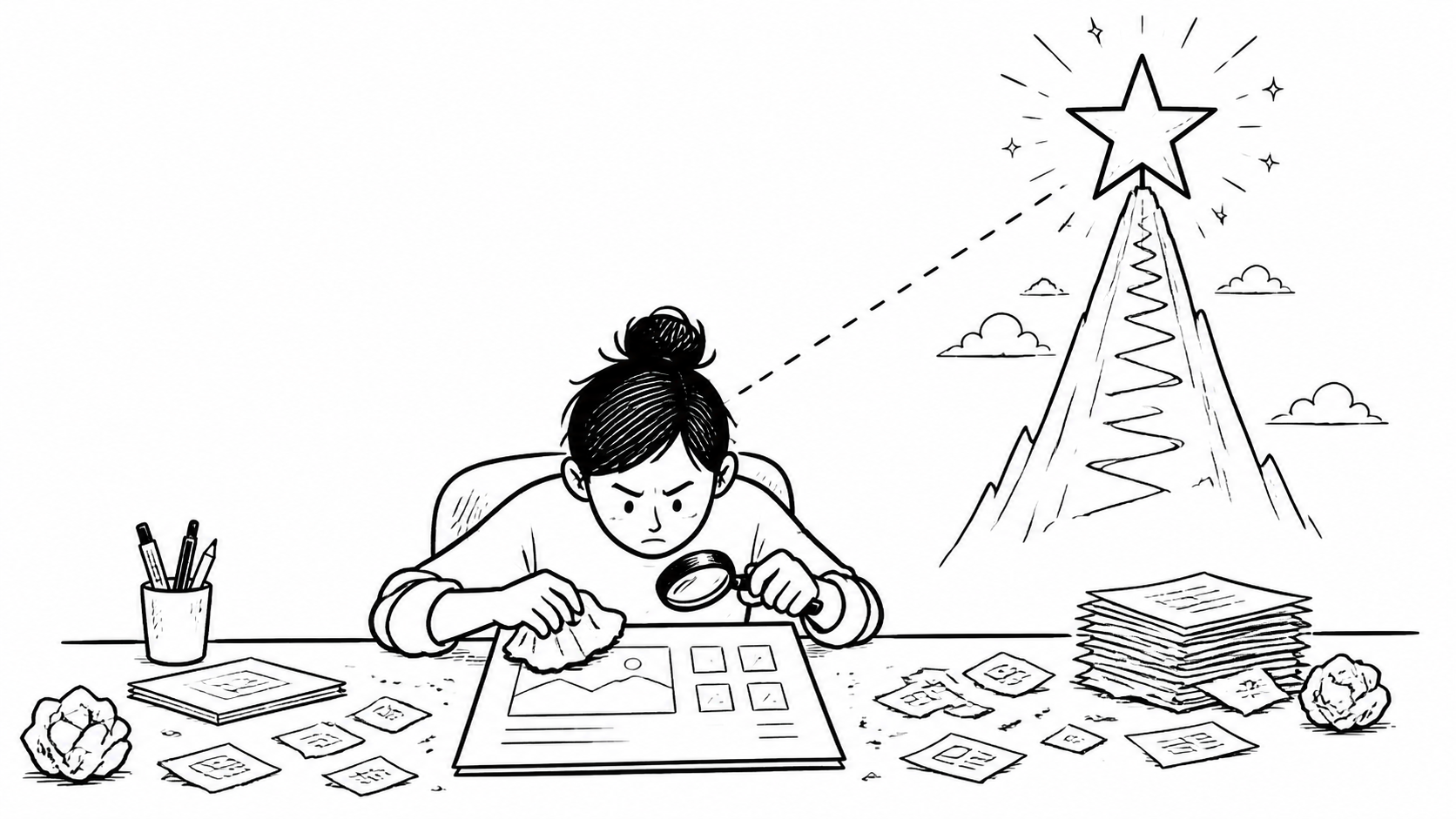 A perfectionist checks finished work again while an impossible standard keeps the task from being completed